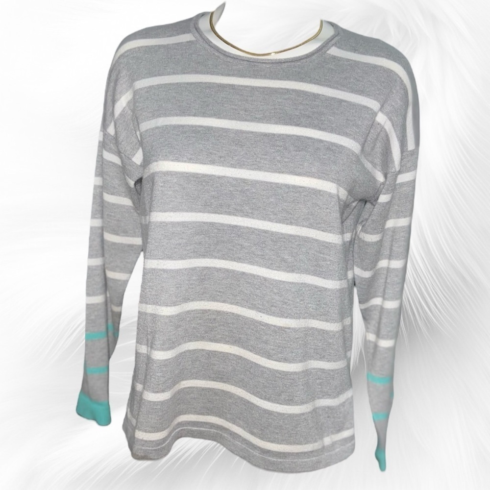 89th & Madison Women’s Gray White Teal Striped Crew Sweater Zipper On Back EUC